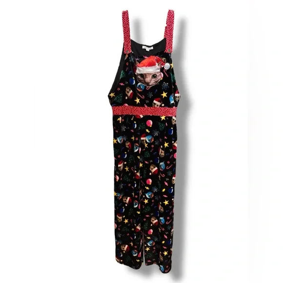 Ugly Christmas Cat Jumper Overall Bibs One Piece Pants Sz XL Festive Holiday - Picture 3 of 6